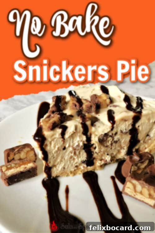 Decadent No-Bake Snickers Treat 6 Pinterest pin image for No Bake Snickers Pie, featuring a delicious slice.