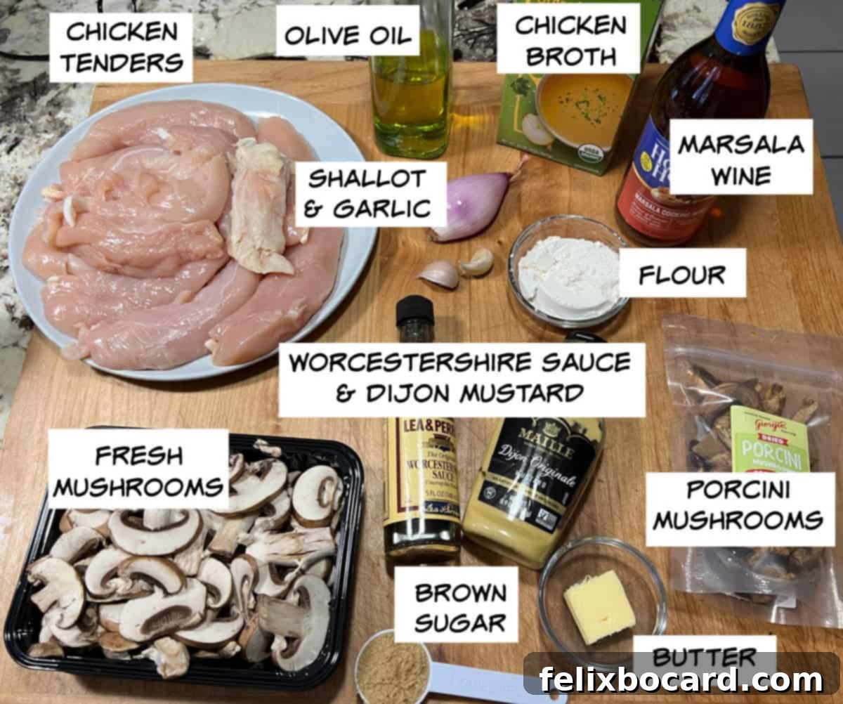 A flat lay of fresh ingredients for Chicken Marsala, including chicken tenderloins, olive oil, chicken broth, Marsala wine, shallot, garlic, flour, Worcestershire sauce, Dijon mustard, dried Porcini mushrooms, fresh button mushrooms, brown sugar, and butter.