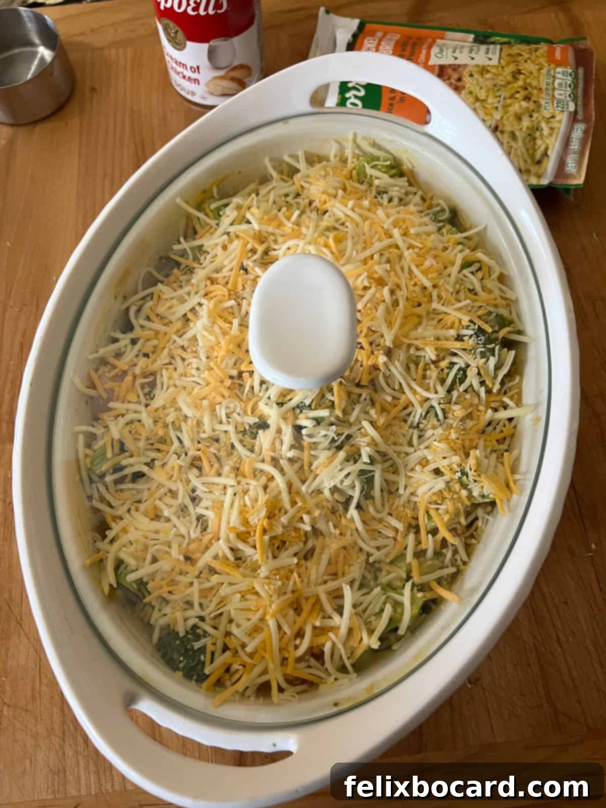 Covered casserole ready to bake.