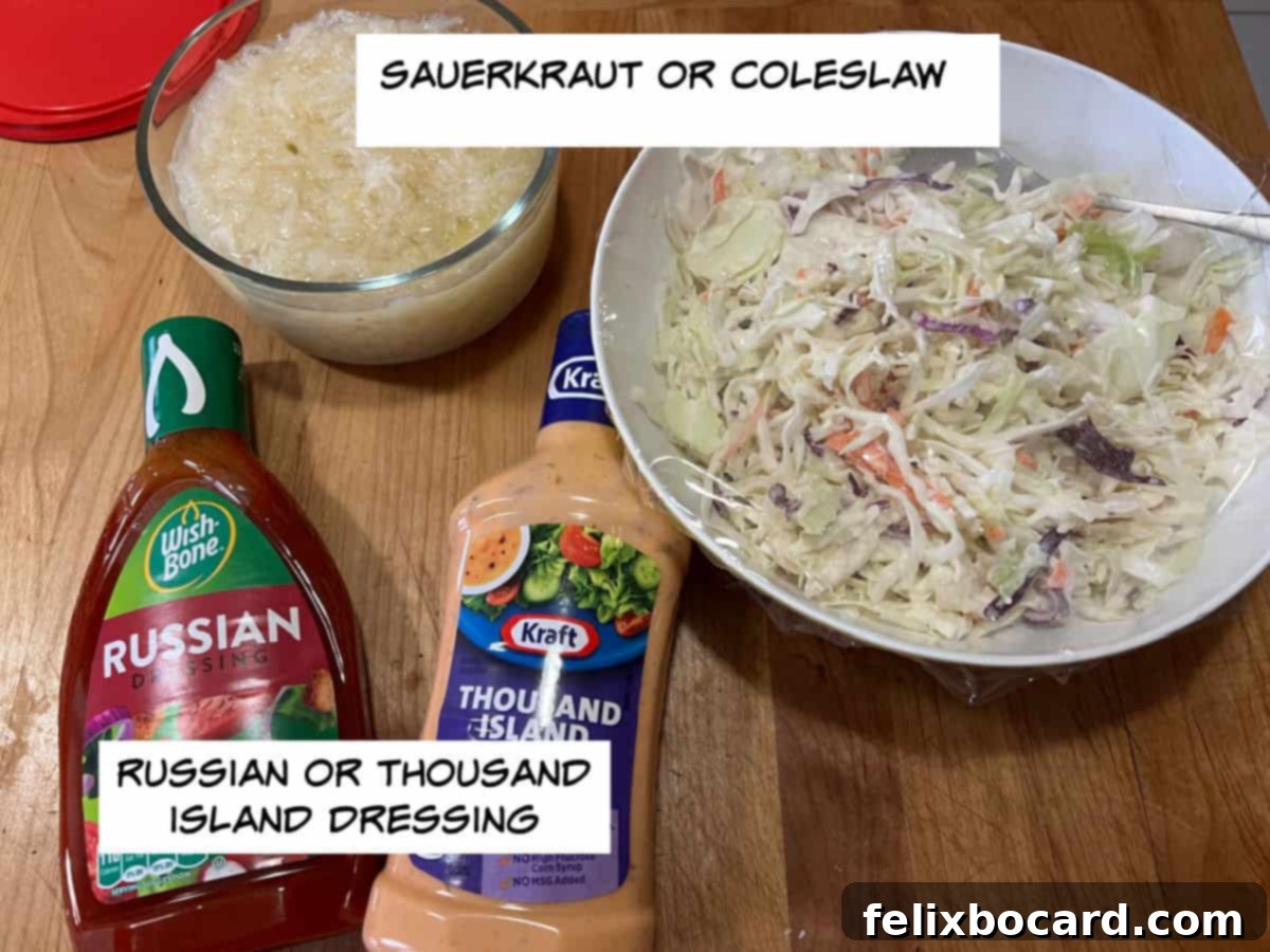 Golden Grilled Turkey Reuben 5 Variations pictured: sauerkraut vs coleslaw and Russian dressing vs Thousand Island dressing.