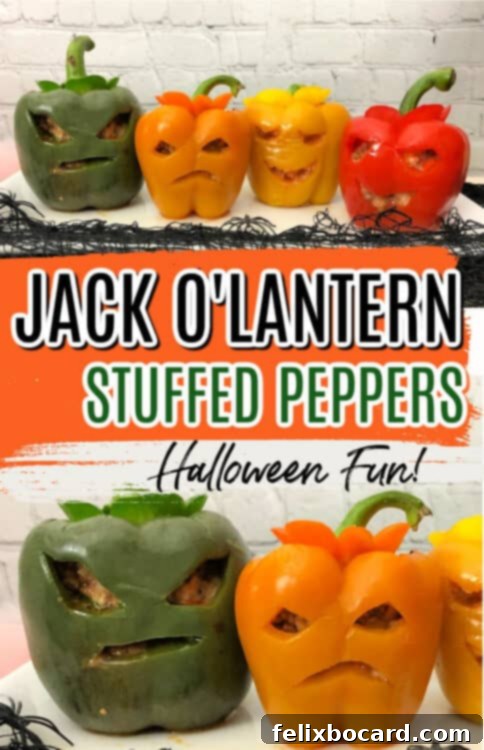 Jack-o'-Lantern Stuffed Bell Peppers 6 A Pinterest pin image for Halloween Stuffed Peppers featuring a vibrant pepper with a carved face, enticing viewers to save the recipe.
