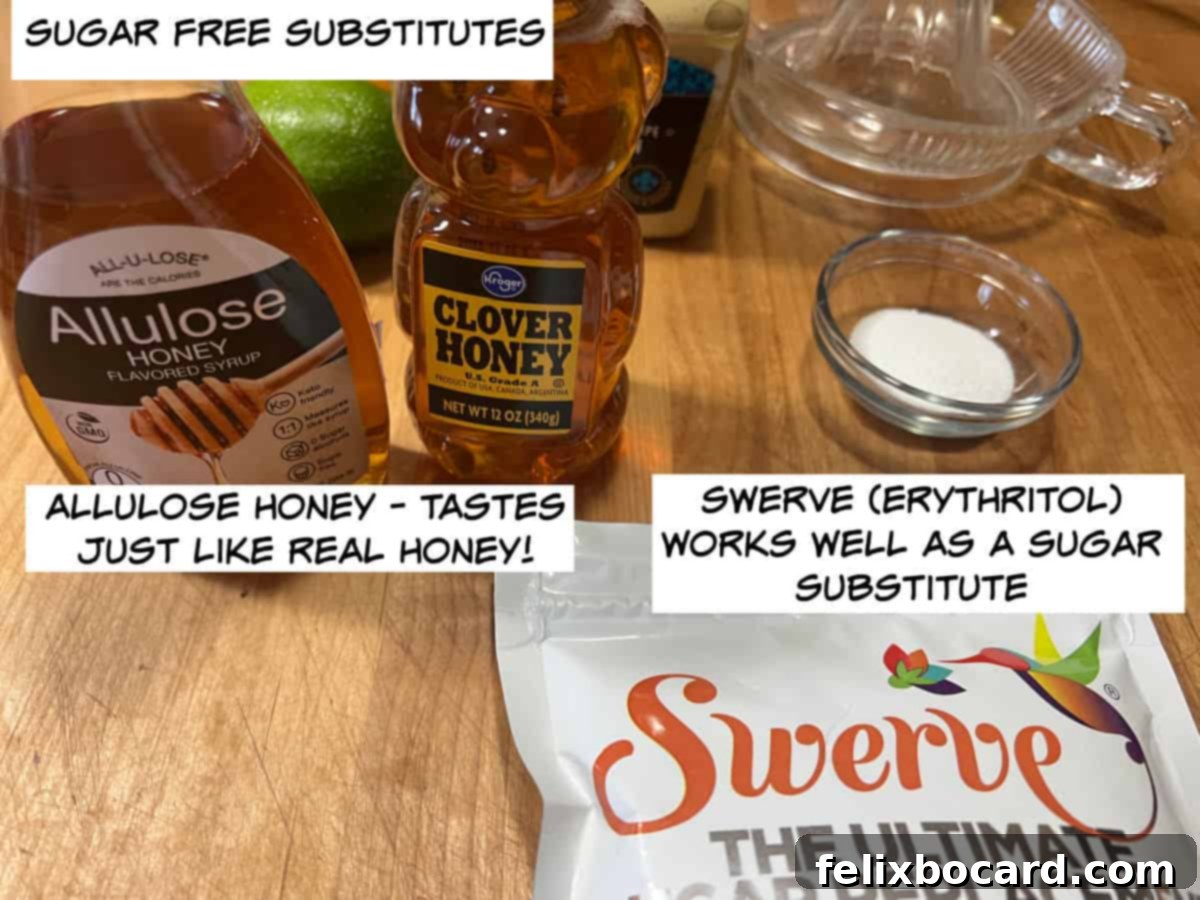 Sugar-free honey and Swerve erythritol, two common substitutes, displayed for making a sugar-free salad dressing variation.