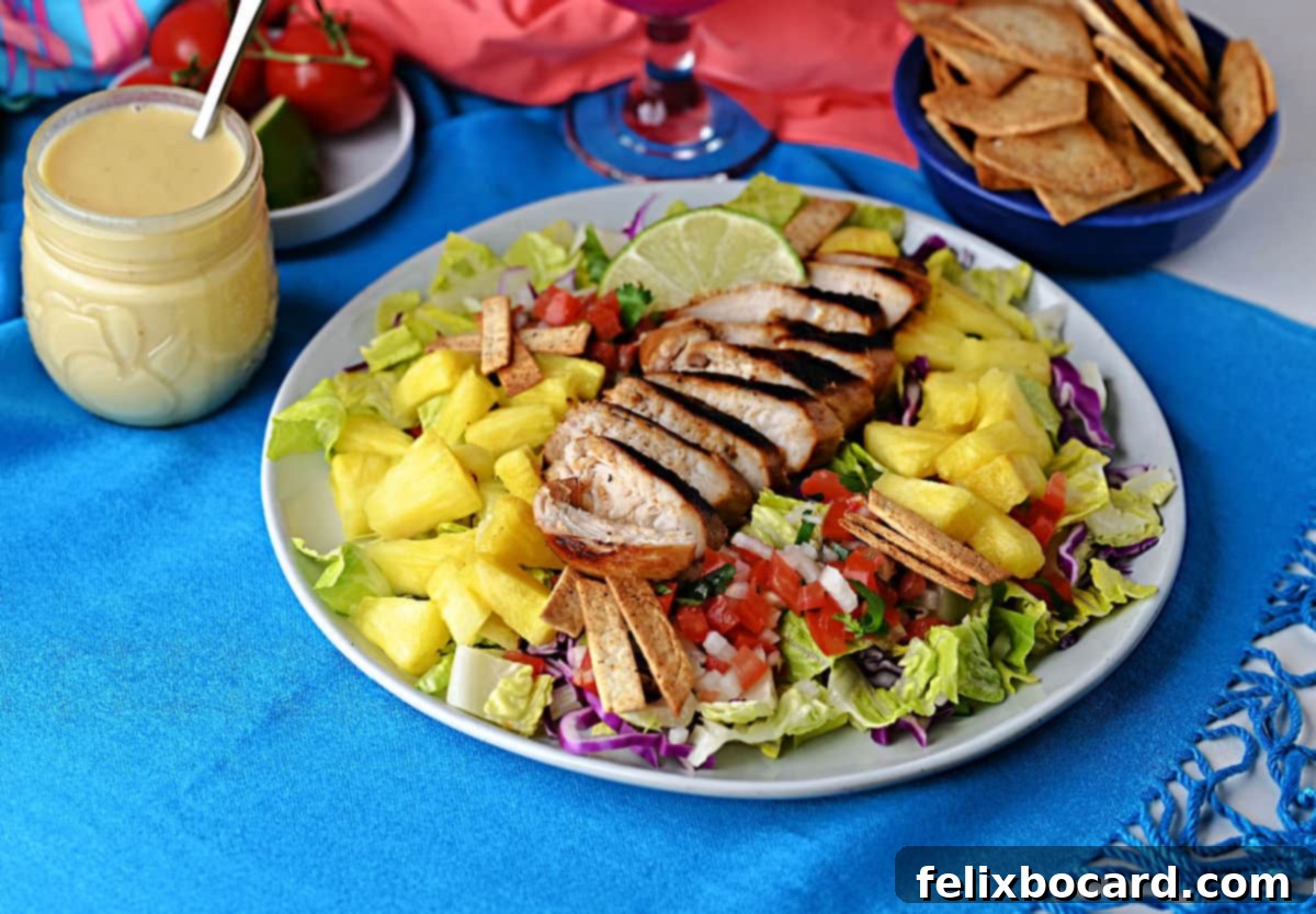 Caribbean grilled chicken salad ready to eat.