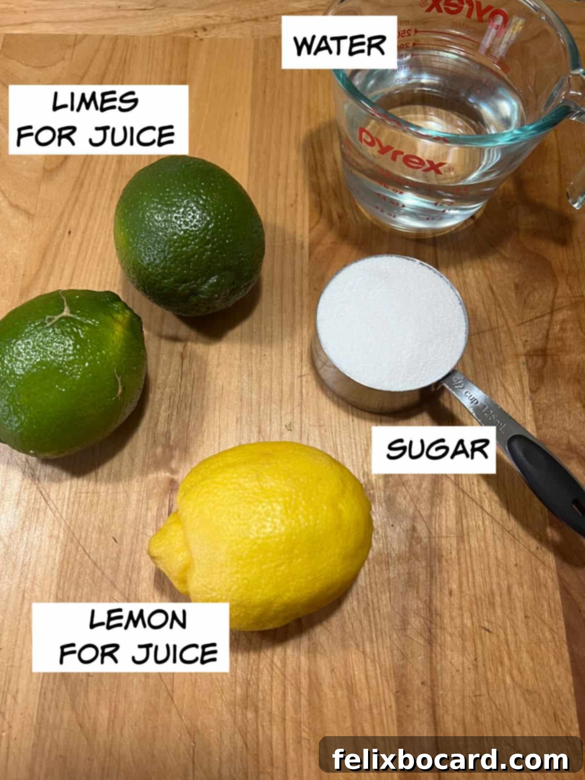 Ingredients for sweet and sour mix: water, whole lemons and limes for juice, and granulated sugar.