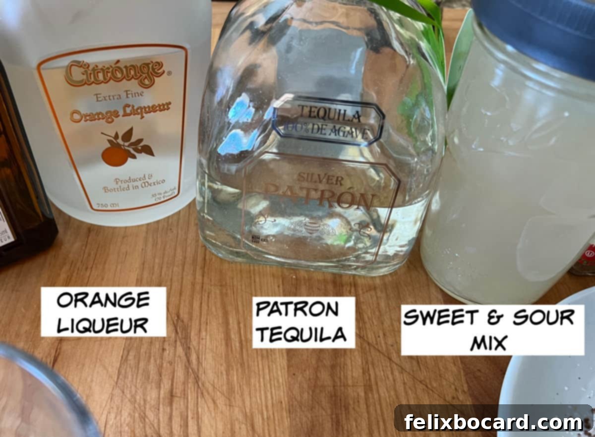Key ingredients for a Chili's copycat Patron Especial Margarita: orange liqueur, Patron tequila, and homemade sweet and sour mix.