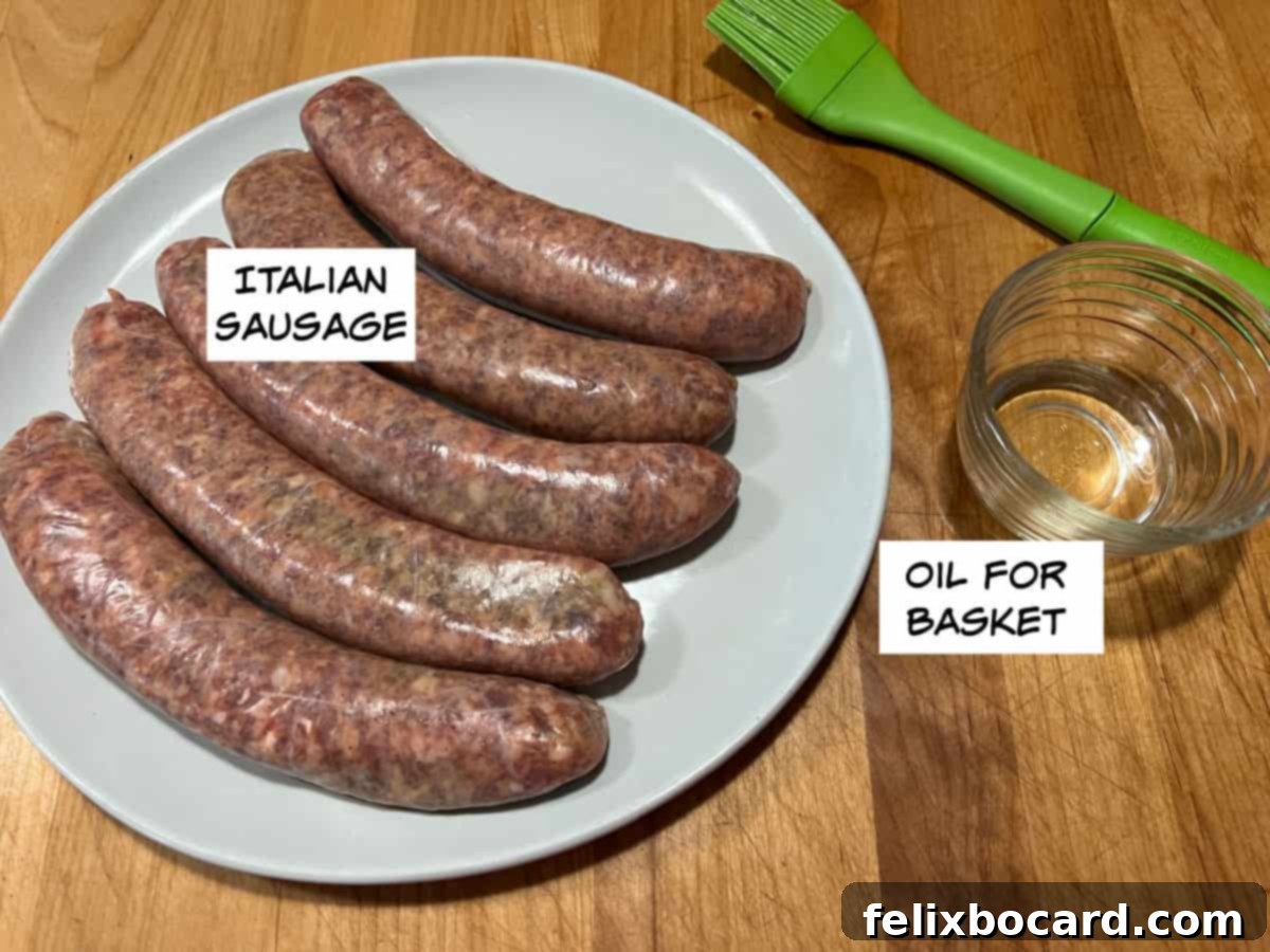 Ingredients: Italian sausages, and a bottle of cooking oil next to the air fryer basket.