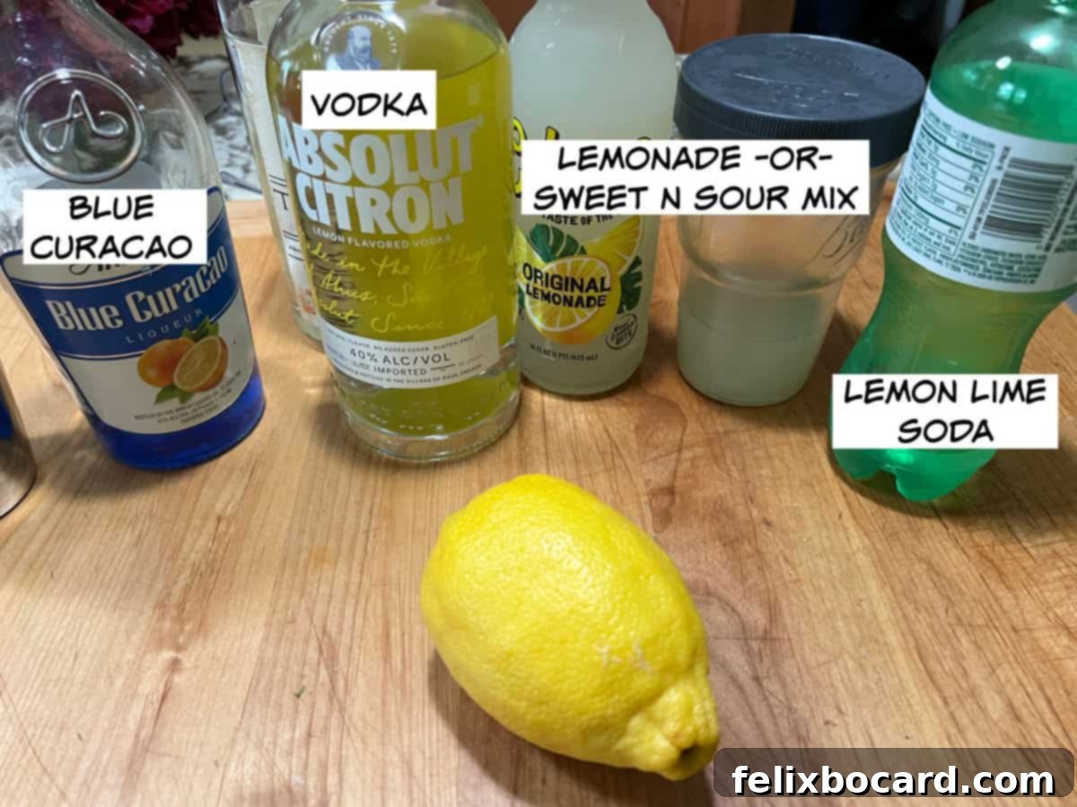 Ingredients: blue curacao, vodka, lemonade or sweet and sour mix, and lemon lime soda arranged for making electric lemonade.