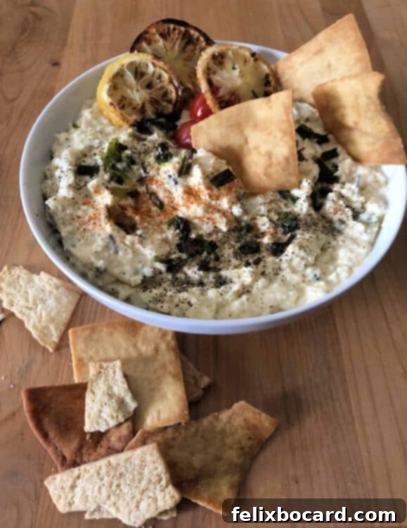 Lemony whipped feta dip served with pita chips and fresh vegetables