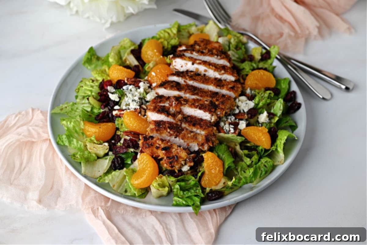 A beautiful Pecan Crusted Chicken Salad, perfectly prepared and ready to be enjoyed.
