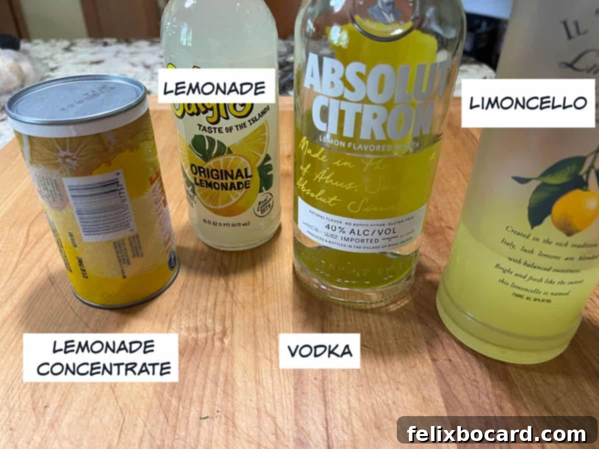 A simple yet elegant spread of ingredients for Limoncello Vodka Slush: frozen lemonade concentrate, a bottle of fresh lemonade, a bottle of premium vodka, and a distinct bottle of Limoncello, ready for mixing.