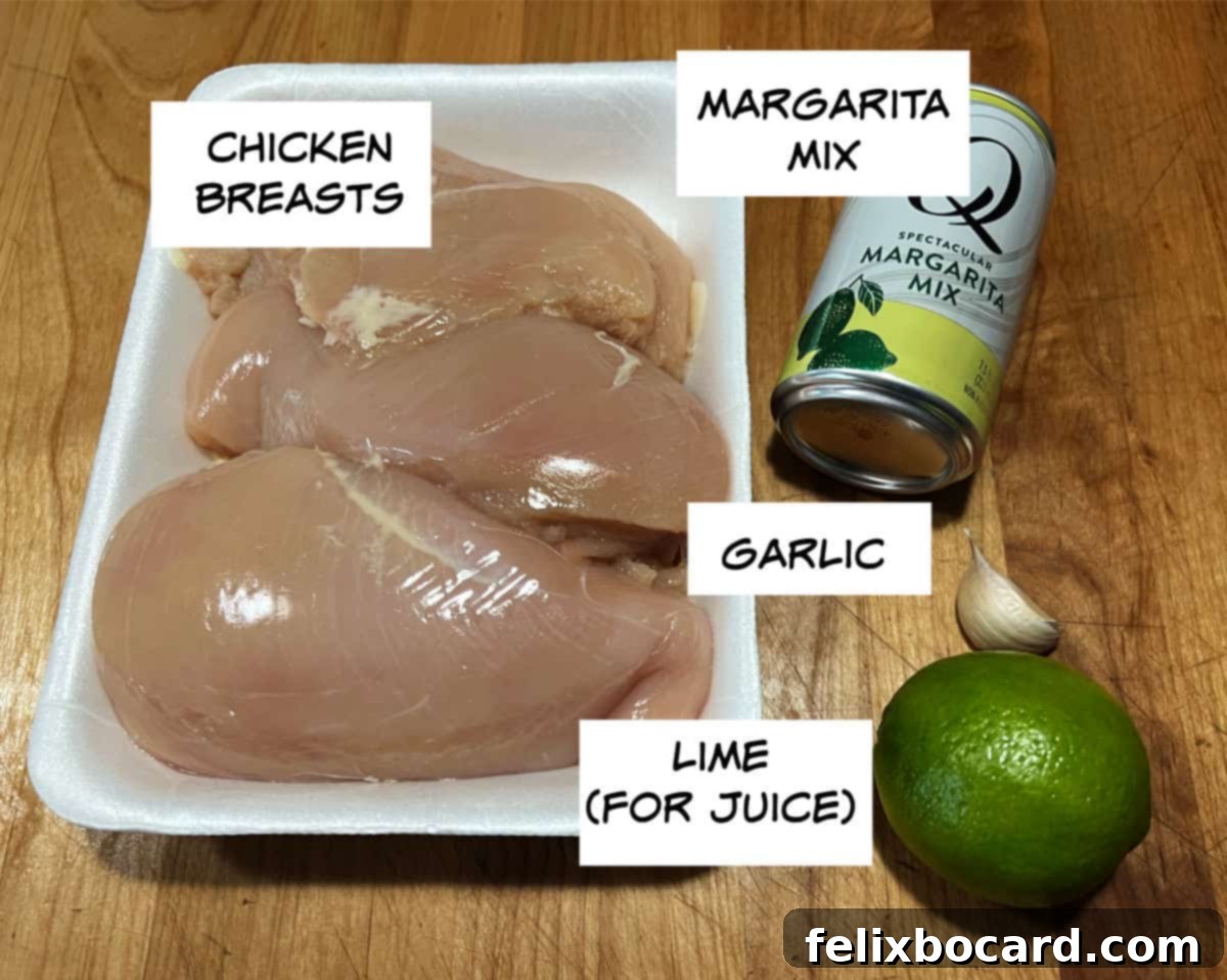 Ingredients: chicken breasts, margarita mix, garlic, and lime for juice.