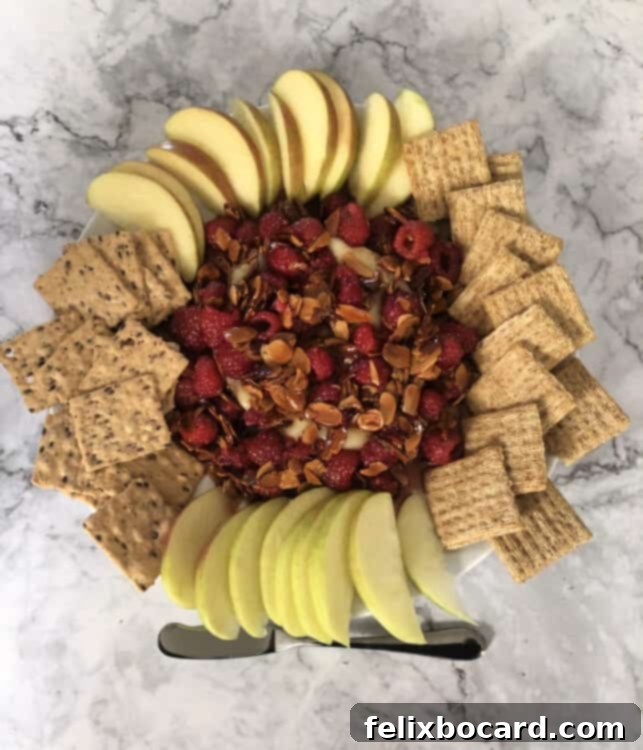 Elegant Raspberry Brie appetizer served with crackers and apple slices