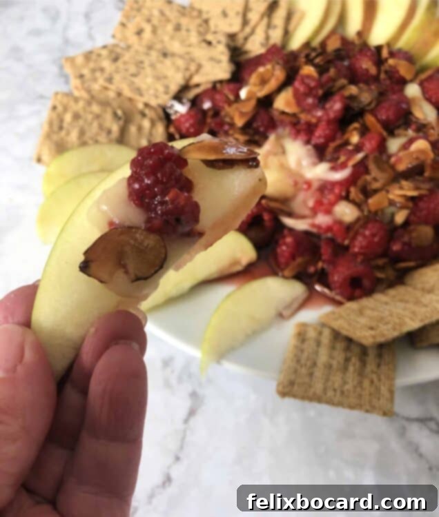 Close-up of Raspberry Brie appetizer showing gooey cheese and vibrant topping