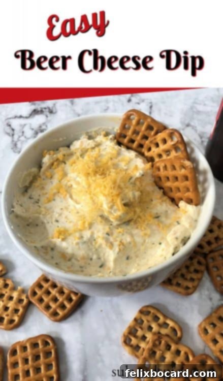A creative Pinterest graphic for Beer Cheese Dip, featuring the delicious dip and pretzels.