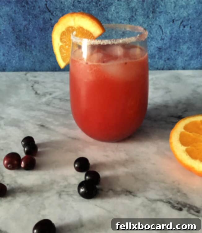 Refreshing cranberry spritzer cocktail with ice and a garnish, ready to be enjoyed