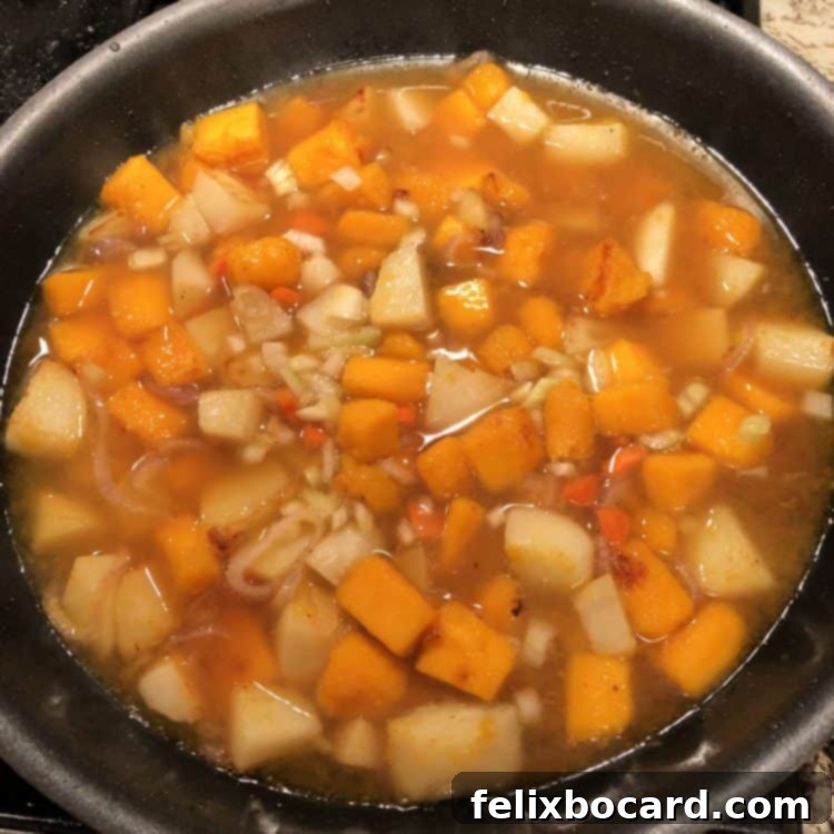 Golden Butternut Squash Chowder 6 Uncooked butternut squash and potato cubes submerged in broth in a pot.