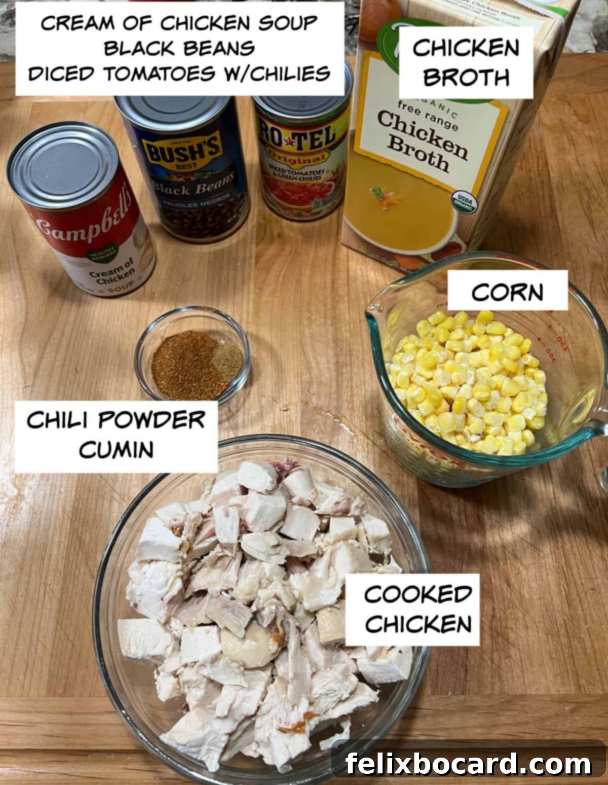 Ingredients: cream of chicken soup, black beans, diced tomatoes with chilies, chicken broth, corn, chili powder, cumin, and cooked chicken.