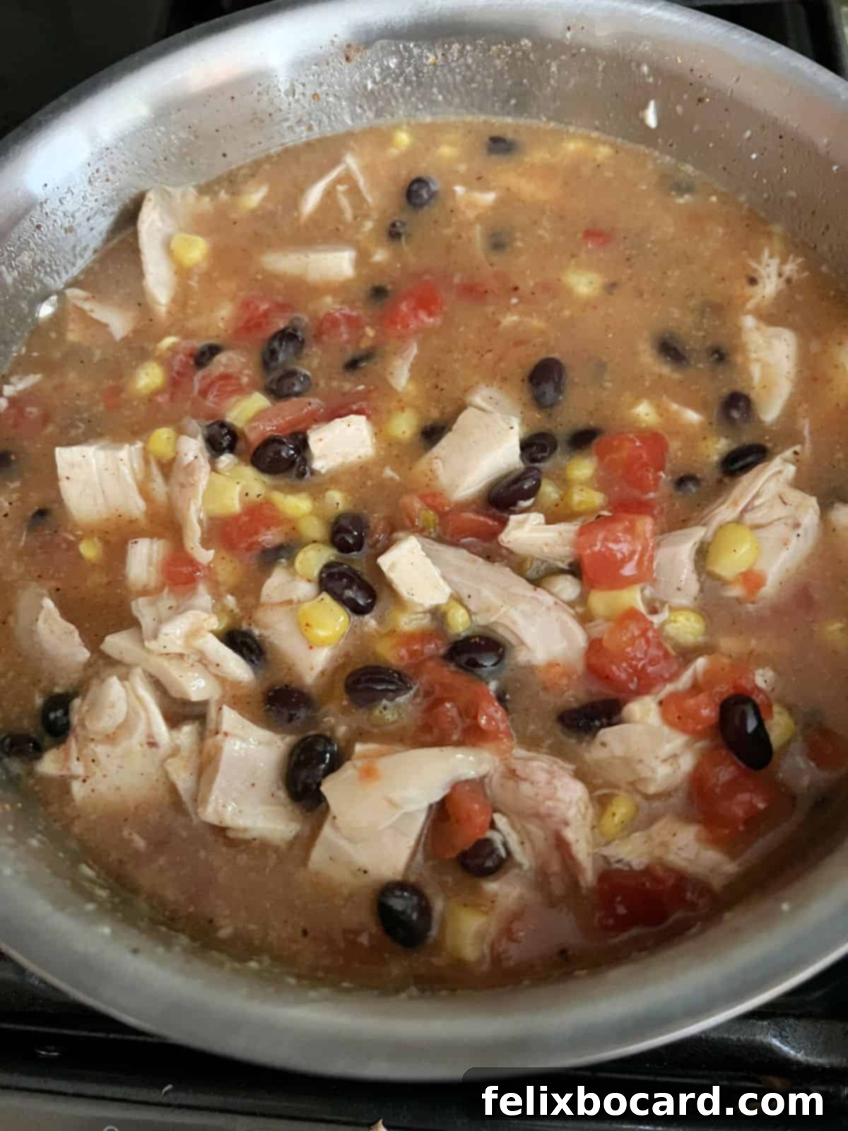 All ingredients in a pot, mixed and warming up.