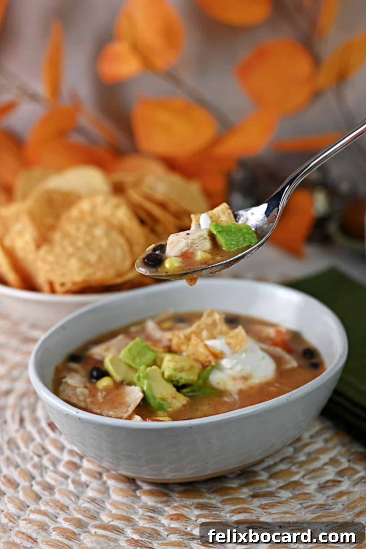 Spoon holding some soup suspended over the bowl of chicken tortilla soup.