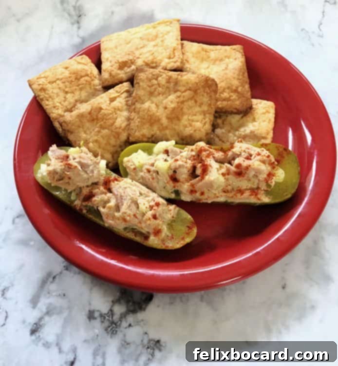 Keto snack crackers with tuna boats on a small red plate