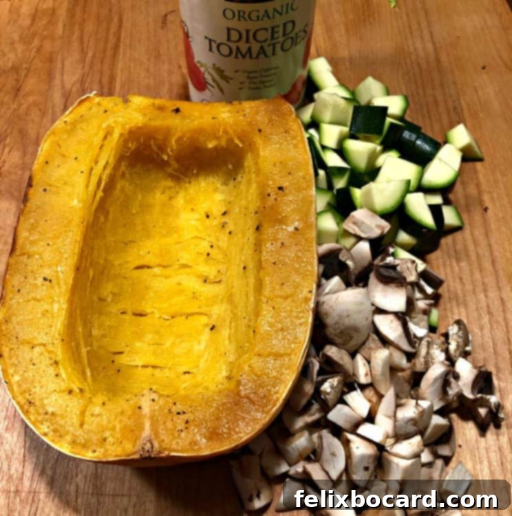 Garden Veggie Spaghetti Squash Bake 2 Fresh ingredients are cooked squash, zucchini, mushrooms and canned tomatoes for the vegetarian spaghetti squash casserole