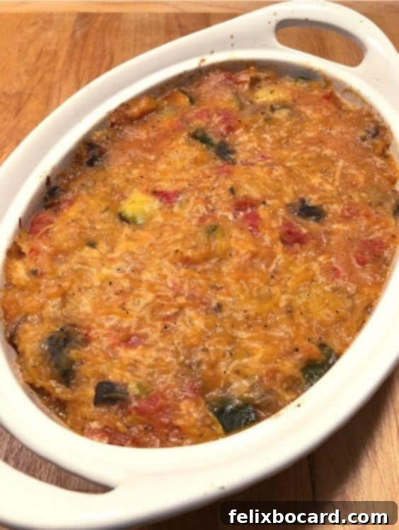 Garden Veggie Spaghetti Squash Bake 5 Finished vegetarian spaghetti squash casserole after resting, ready to serve