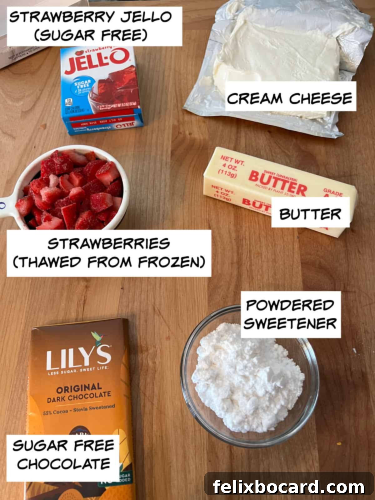 ingredients: sugar-free jello, cream cheese, butter, powdered sweetener, sugar free chocolate, and chopped strawberries.