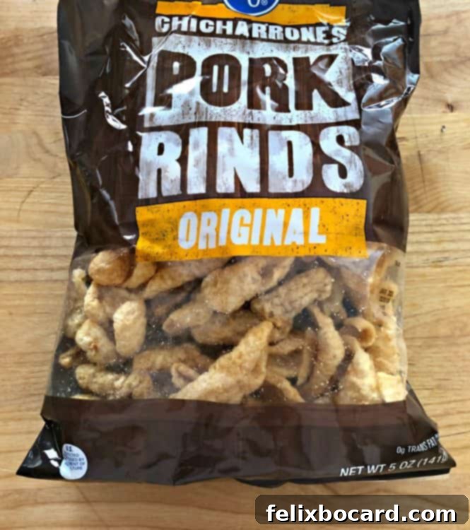Bag of crispy pork rinds, ideal for keto cooking.