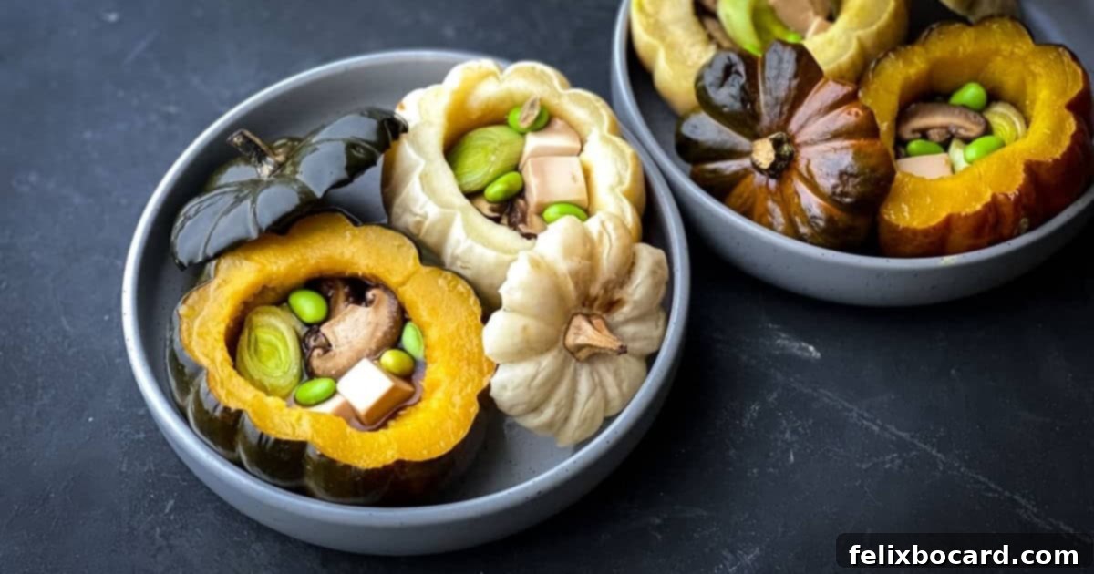 Baked Miniature Pumpkins stuffed with Shiitake, Tofu, Leek, and Edamame