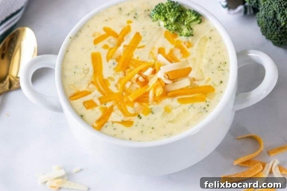 Rich and creamy Broccoli Cheese Soup, a comforting meal for any season.