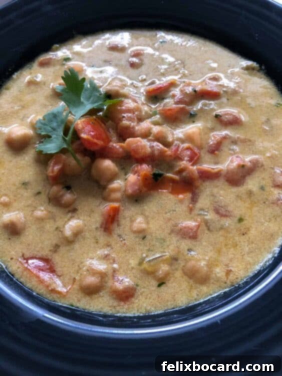 Closeup of a vibrant bowl of Spicy Chickpea and Tomato Soup, garnished with fresh herbs.