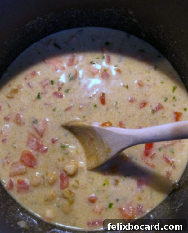Creamy coconut milk being stirred into the chickpea and tomato soup base.