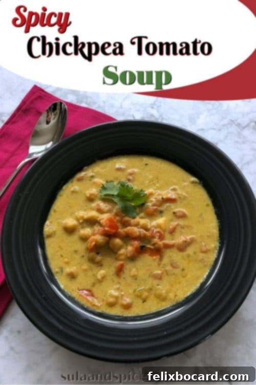 Pin for Spicy Chickpea and Tomato Soup recipe, highlighting its vegan and gluten-free attributes.