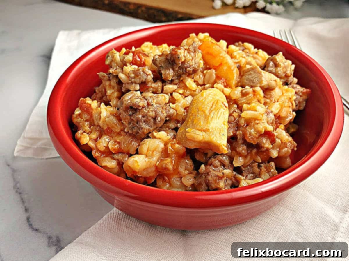 Weeknight Jambalaya 2 Small red bowl of jambalaya ready to eat, garnished with parsley.