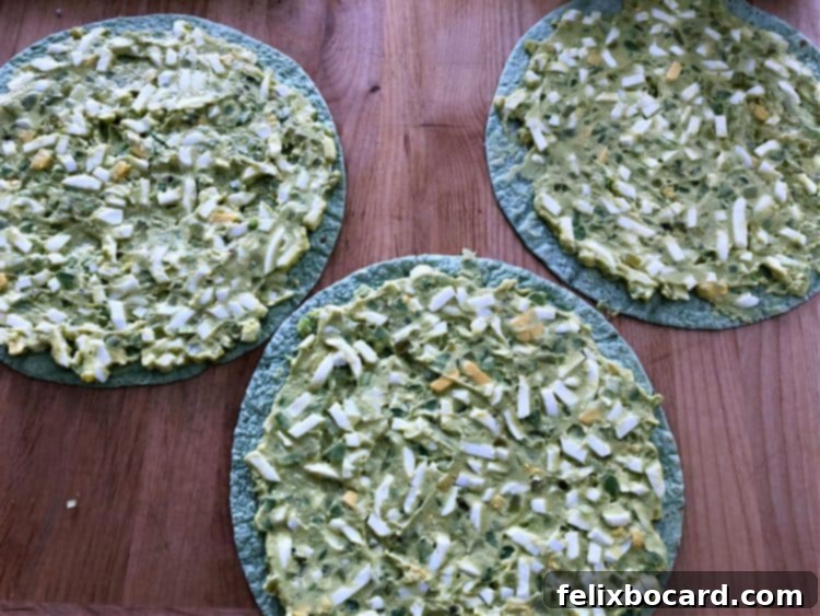 egg salad spread onto spinach tortillas
