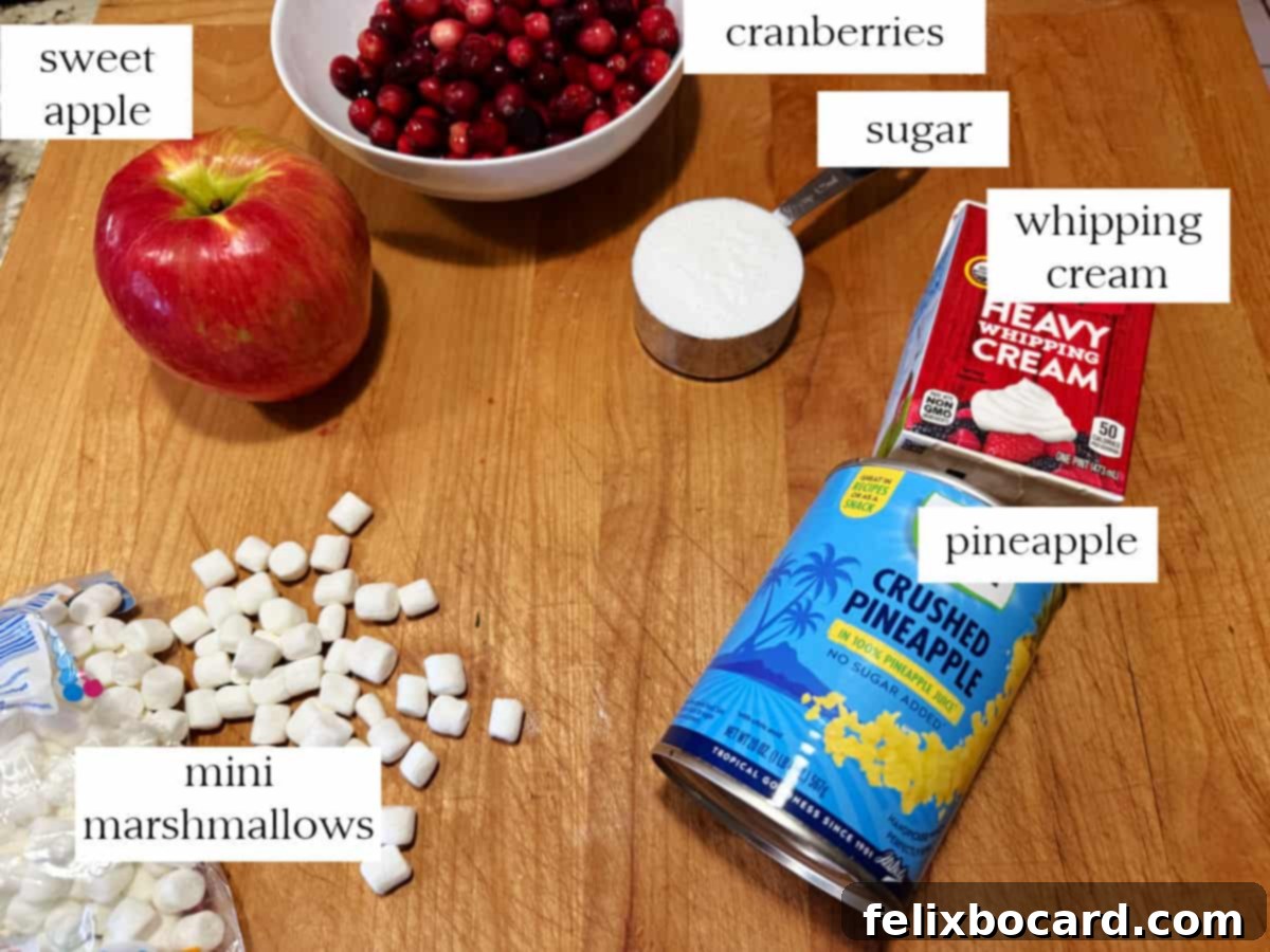 All the fresh ingredients for Cranberry Fluff Salad laid out on a table: cranberries, apple, sugar, canned pineapple, mini marshmallows, and whipping cream.