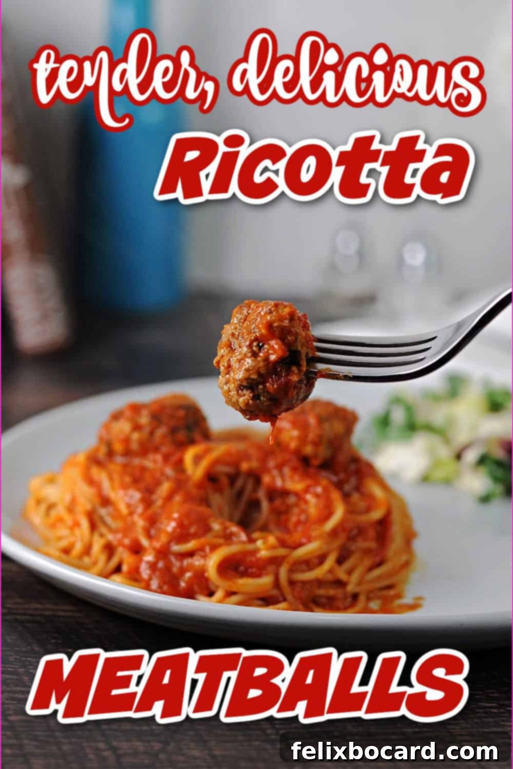 Pinterest pin graphic for Ricotta meatballs, showcasing a beautifully plated dish.