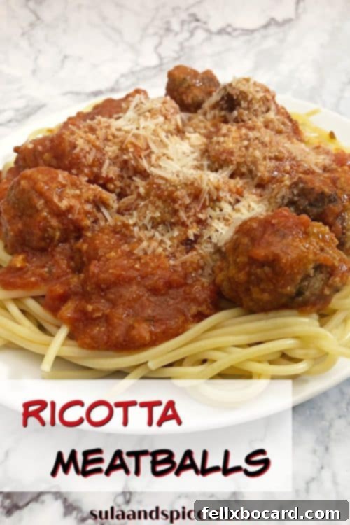 Pinterest pin graphic for Ricotta meatballs, displaying a tempting platter of the dish.