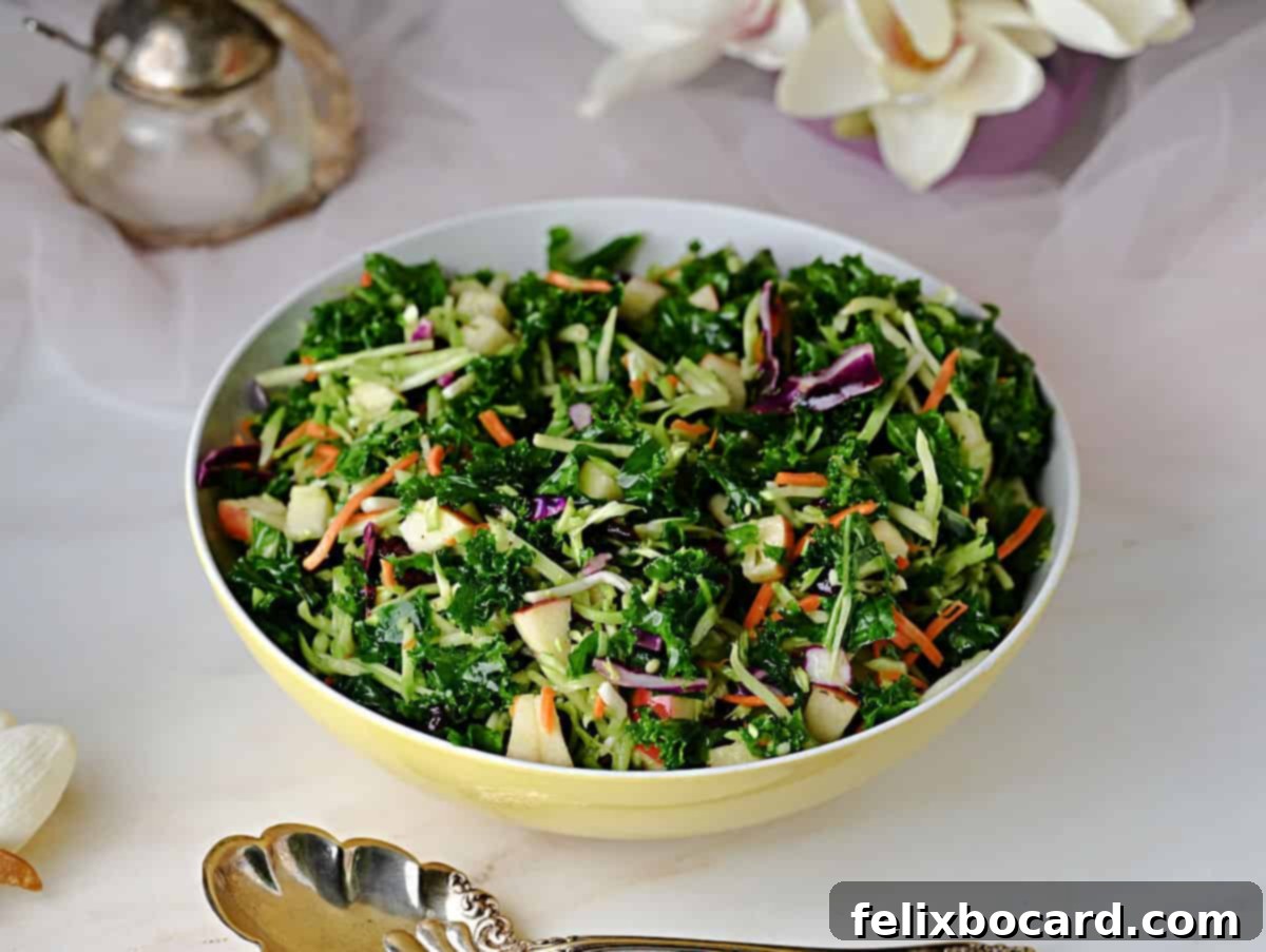 Broccoli kale salad in a bowl, ready to serve.