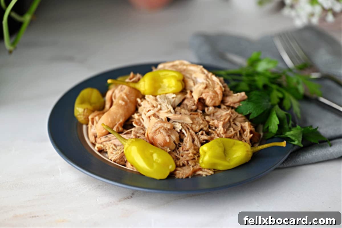 A plate of Mississippi chicken, shredded and served.