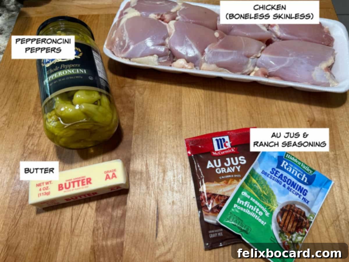 Ingredients needed for crock pot Mississippi chicken arranged on a counter.