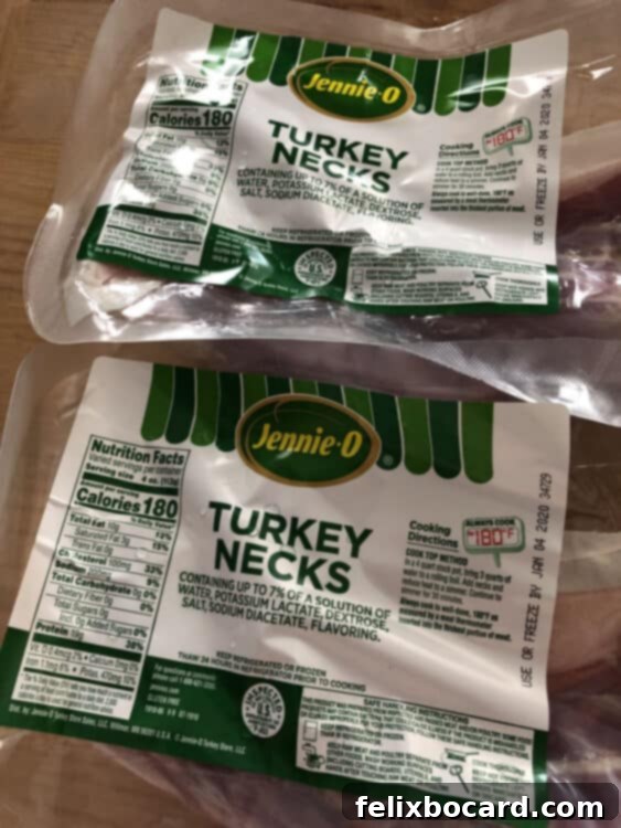 Two packages of raw turkey necks, suitable for making a flavorful poultry bone broth.