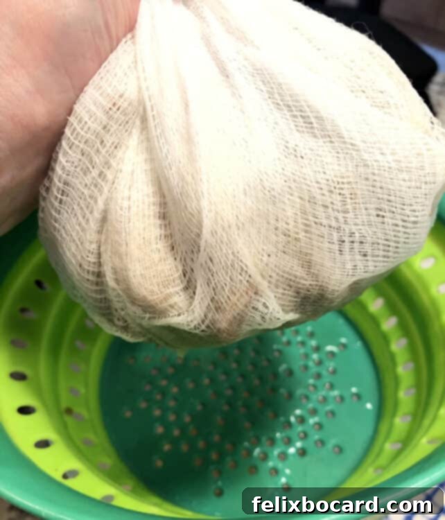 Cheesecloth gathered and squeezed to extract remaining broth from the solids after simmering.