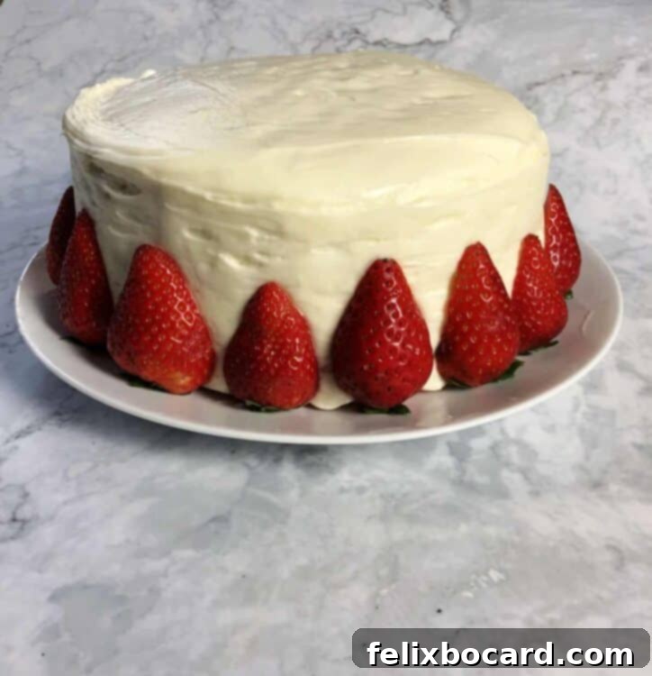 Jam-Filled Doughnut Bake 6 Layer cake frosted with white froating and decorated with fresh strawberries, served with coffee