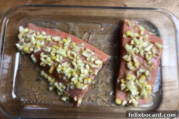 Salmon fillets, skin-side down, in a 9x13 inch baking pan, ready for the oven after being seasoned and partially dressed.