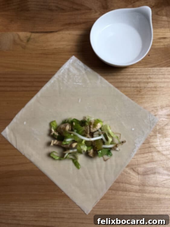 adding filling to an egg roll wrapper