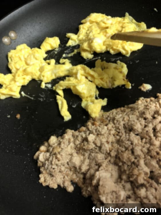 Unwrapped Veggie Egg Roll Bowl 3 scrambled egg and tofu in a skillet