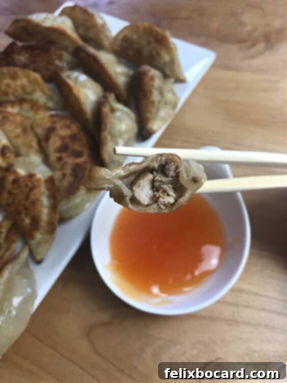 Chopsticks holding a single Chinese dumpling with a bite taken out, revealing the flavorful filling inside.