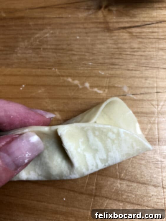 A small pleat being made along the edge of a potsticker wrapper.