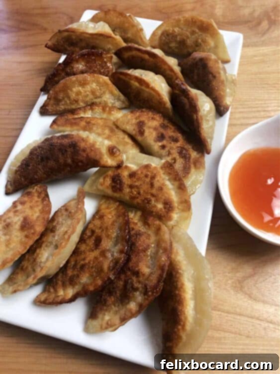A serving platter adorned with golden-brown potstickers and a small bowl of dipping sauce.